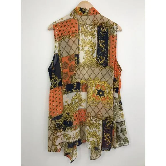 Susan Graver Sleeveless Cardigan Sheer Chain Print Beige Navy Orange XL - Picture 5 of 5